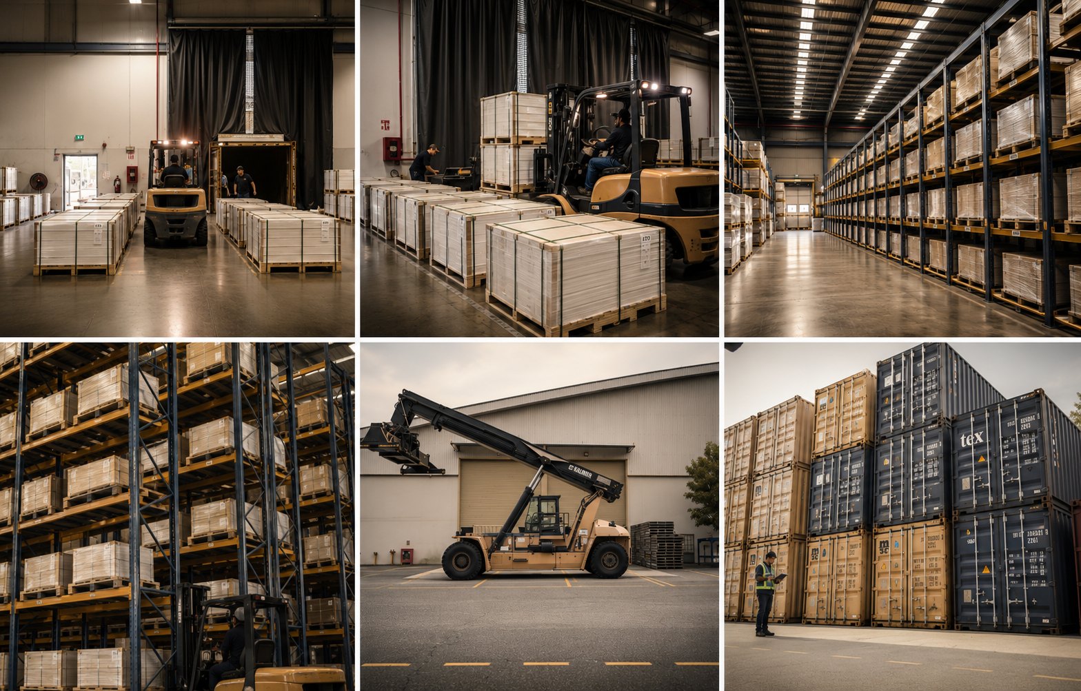 UNA Floors manufacturing facility — pallet handling, racking systems, container yard