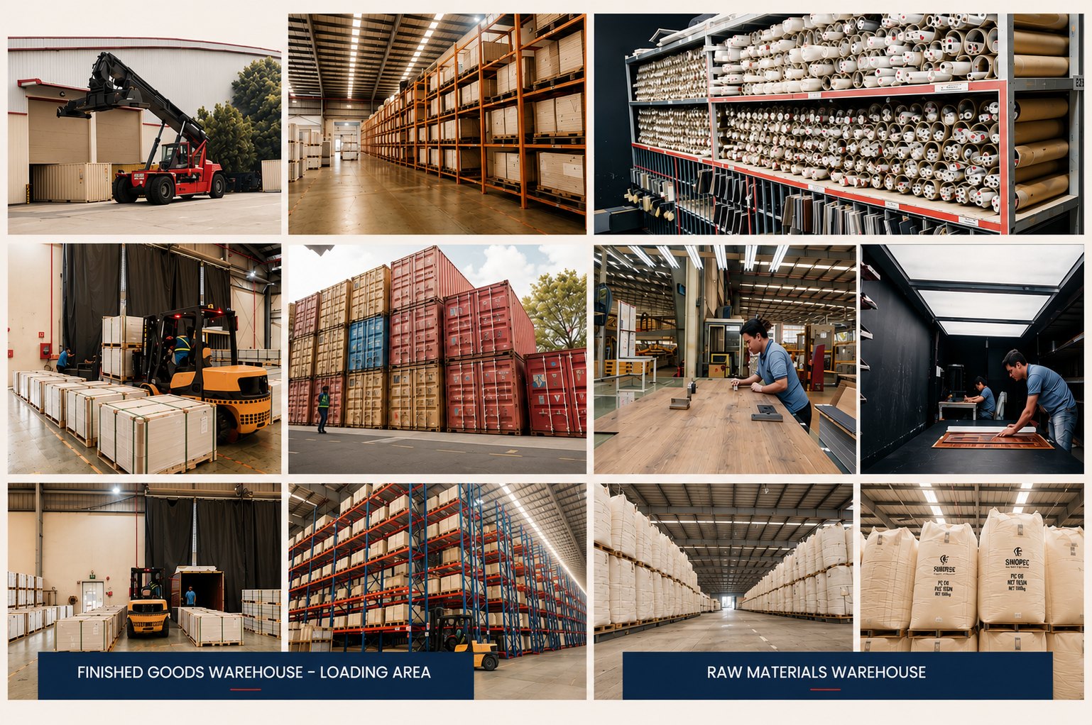 UNA Floors finished goods warehouse, raw materials warehouse, and QC inspection